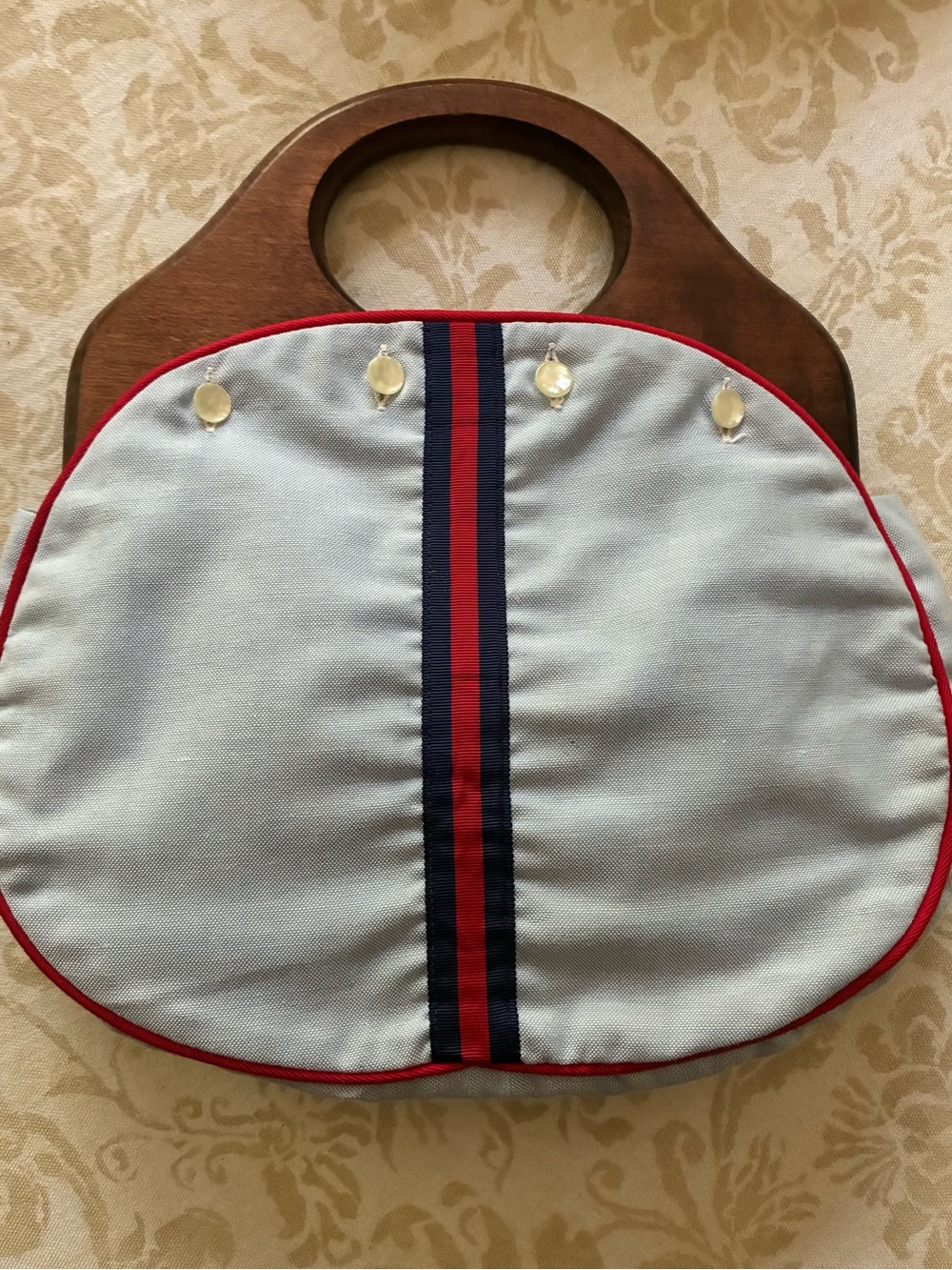 Bermuda Bag J.G. Hook Cover Blue with Red Navy Ribbon Cotton 4 Button Vintage